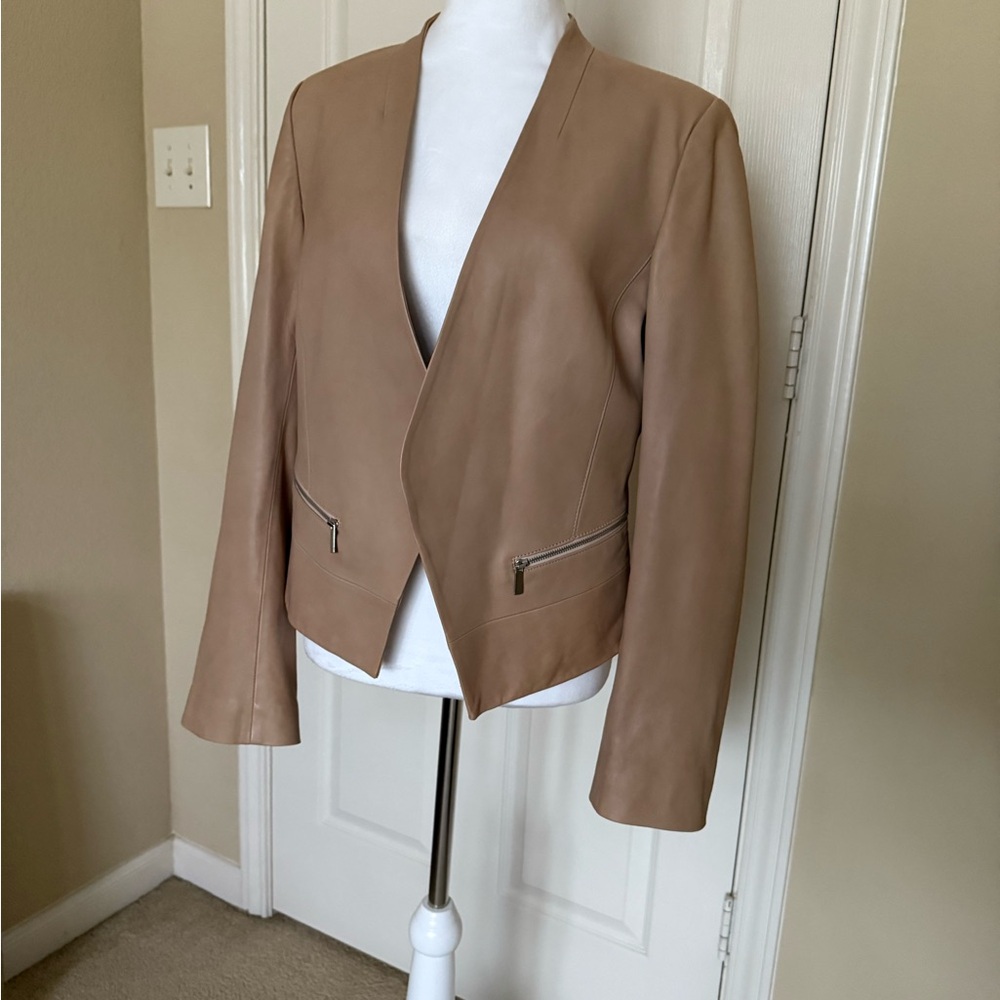 Joie Taupe Open Front Lambskin Leather Jacket